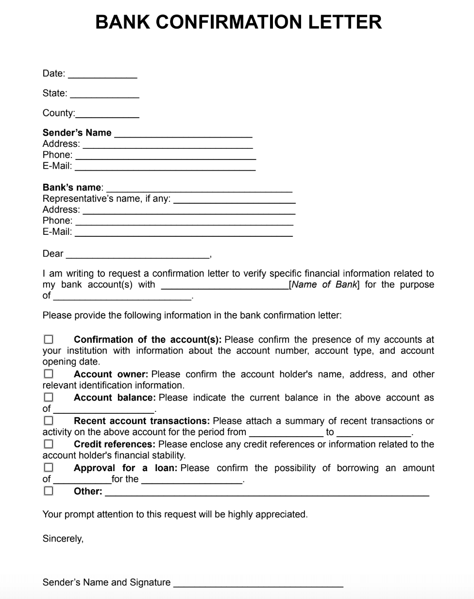 Bank Confirmation Letter Example