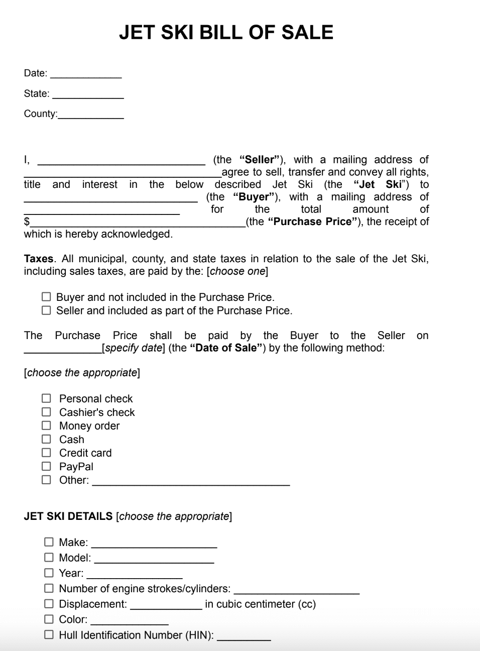 Jet Ski Bill of Sale Example