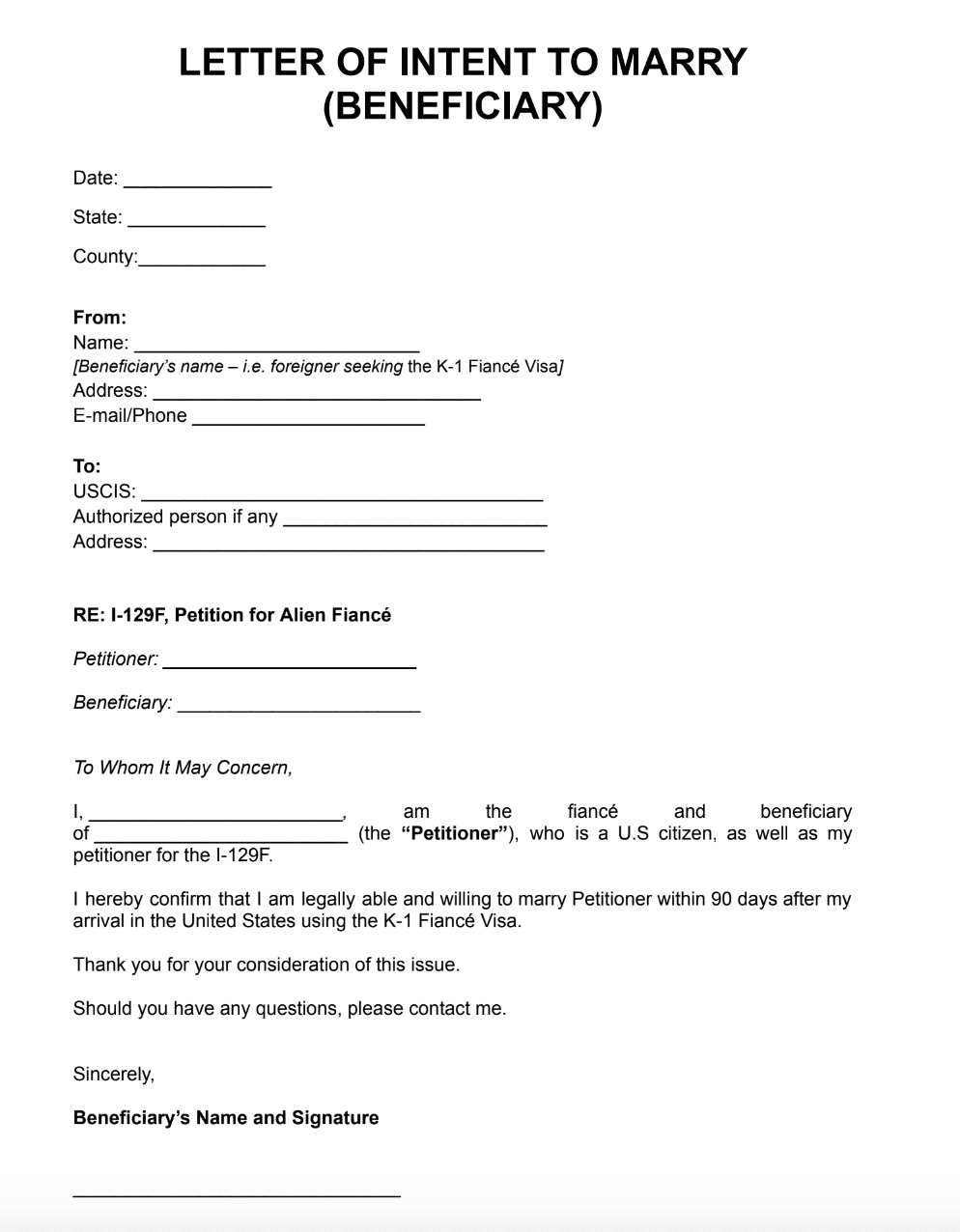 Letter of Intent to Marry Example