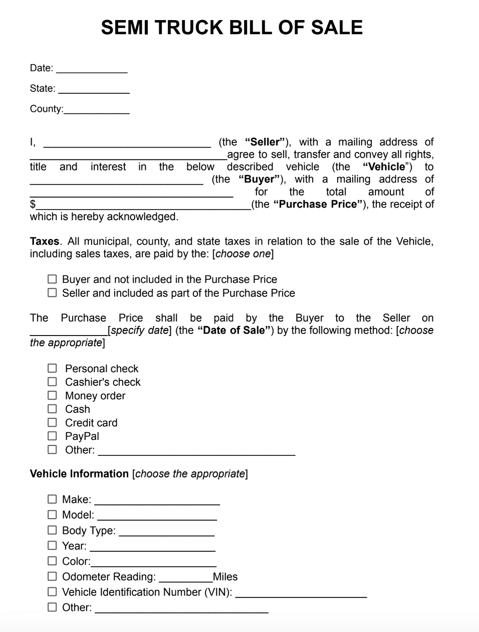 Bill of Sale for Semi-Truck Example