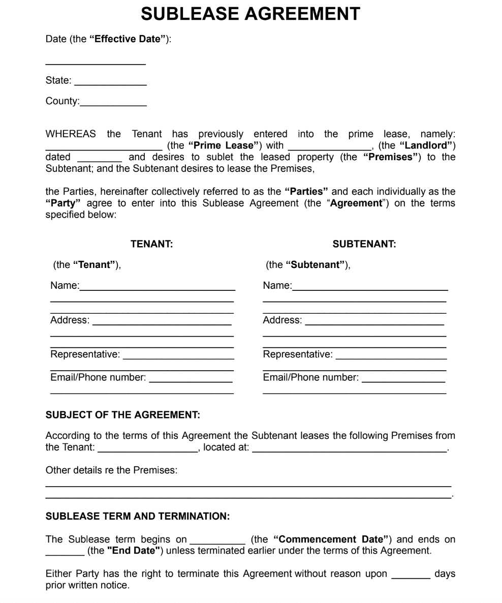 Sublease Agreement Form Example