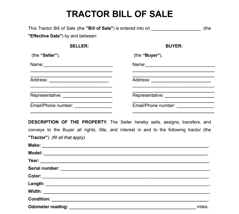 Bill of Sale for Tractor Example