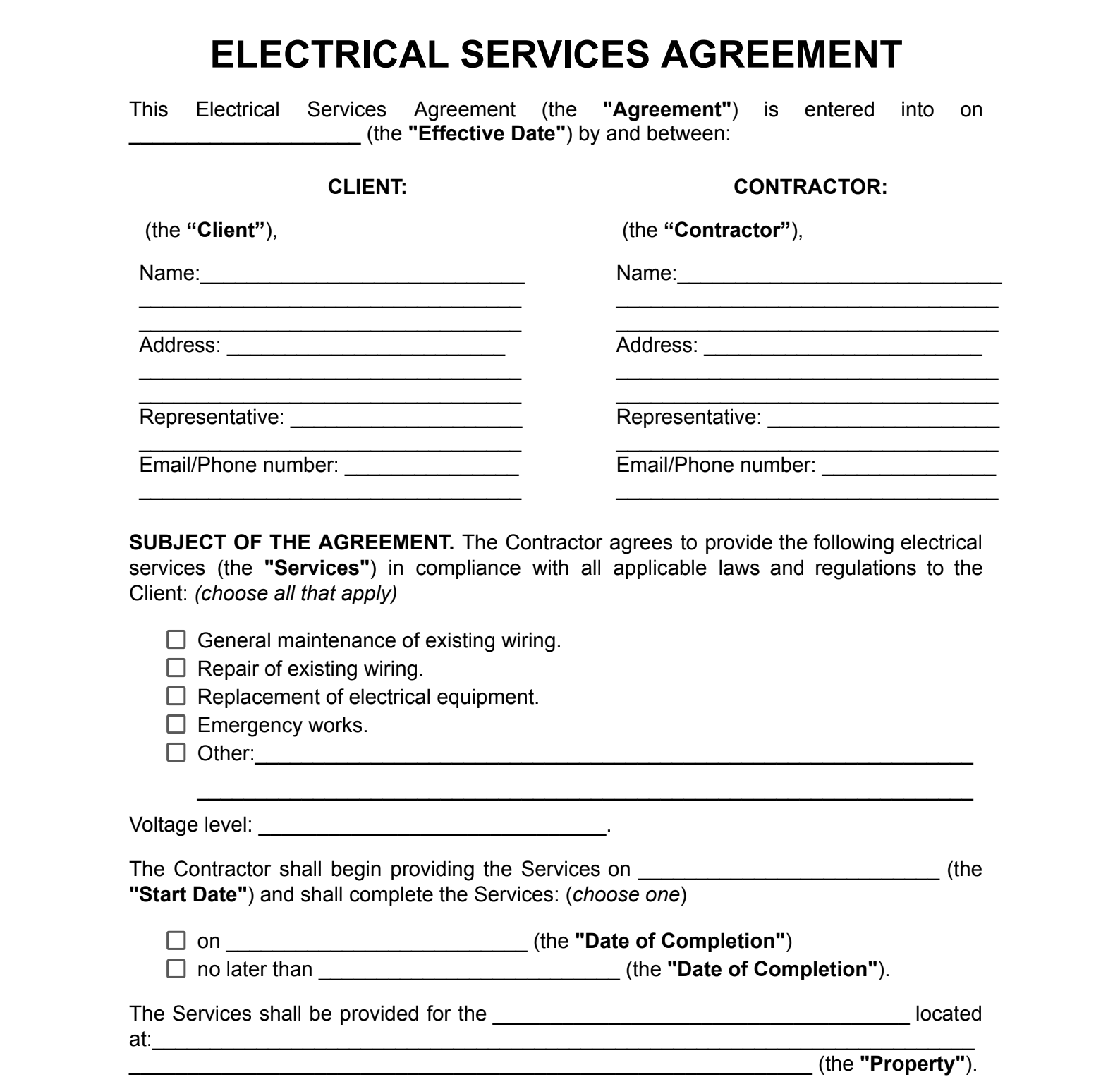 Electrical Service Agreement Example