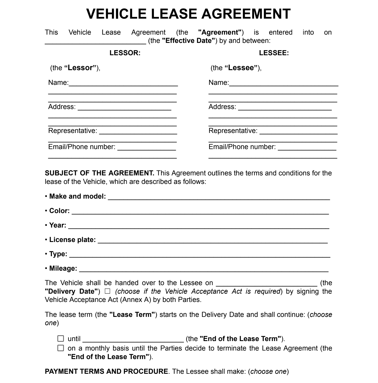 Vehicle Lease Agreement Example