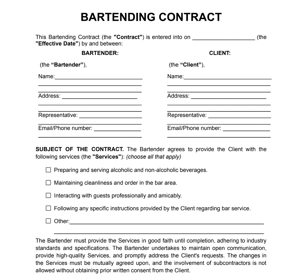 Bartending Contract Example