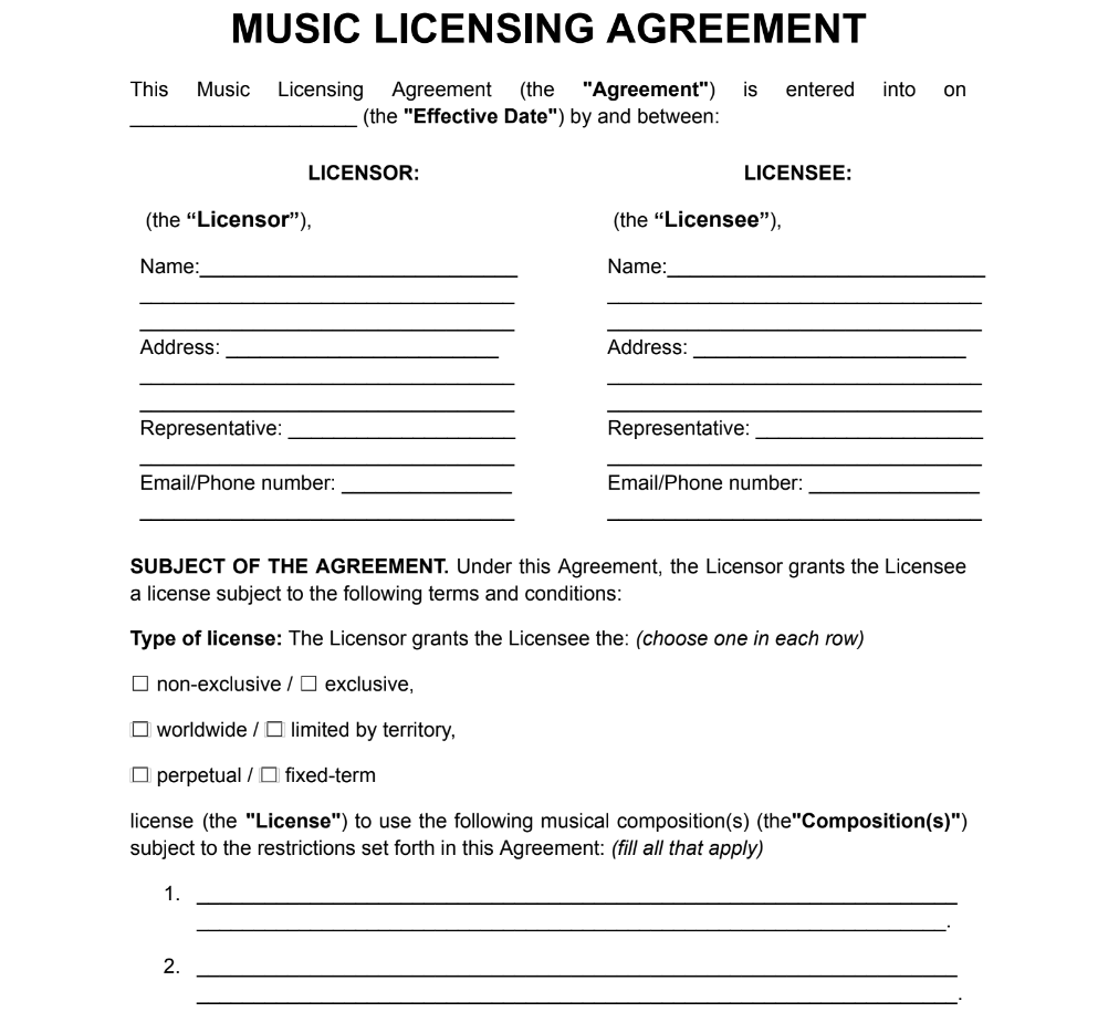 Music Licensing Agreement Example