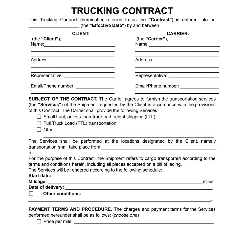 Trucking Contract Example