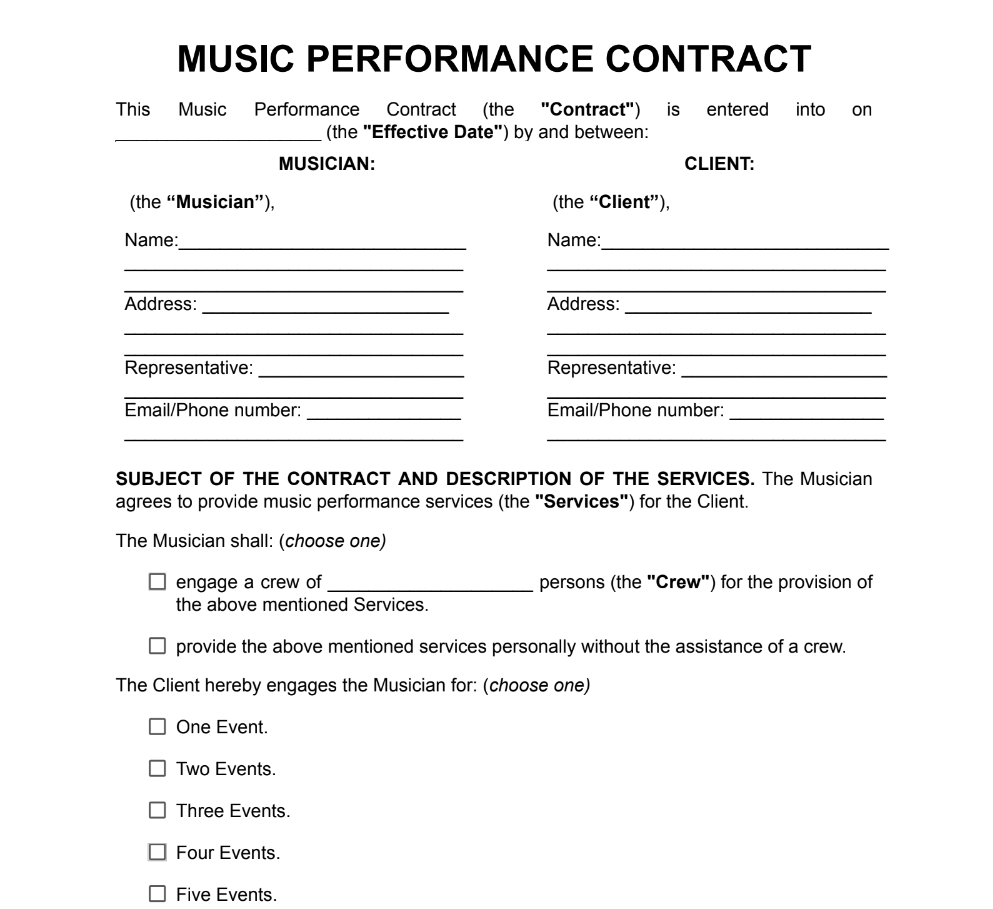 Free Music Performance Contract Template PDF Word Jurizmo