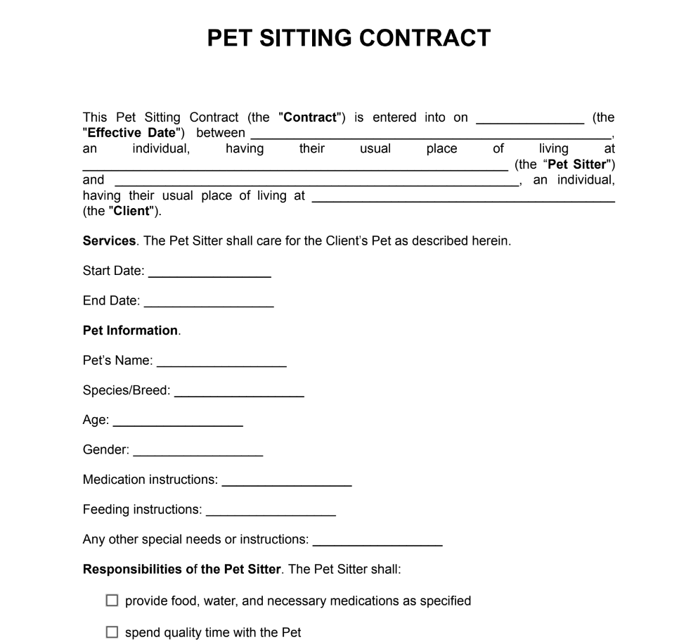 Pet Sitting Contract Example