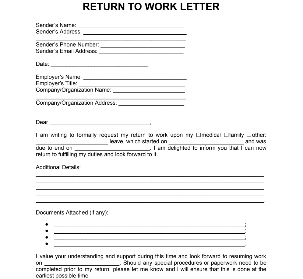 Return to Work Letter Example